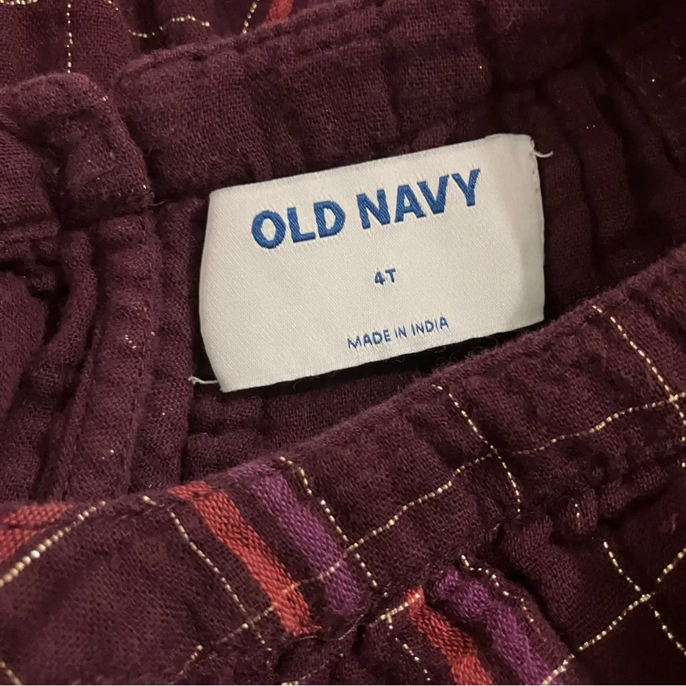 Old‎ Navy Girl’s Sz 4T Burgundy & Gold Metallic-Plaid Swing Dress 3/4 Sleeves